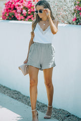 Green Casual High Waist Pocketed Ruffle Shorts