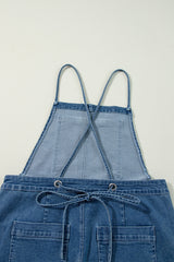 Dusk Blue Adjustable Tie Straps Cropped Wide Leg Casual Denim Overalls