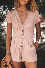 Pink Deep V Neck Buttoned High Waist Romper