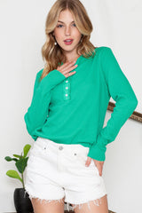 Green Solid Color Waffle Knit Long Sleeve Henley Shirt