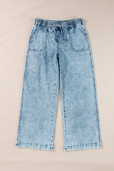 Sail Blue Mineral Wash Drawstring Waist Loose Straight Jeans