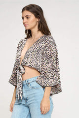 Animal Print Tie-Front Crop Top with Flared Sleeves