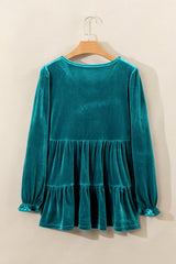 Sea Green Velvet V Neck Puff Sleeve Peplum Blouse