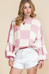 Green Checkered Bishop Sleeve Pullover Sweater