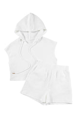 White Textured Cropped Hoodie and Pocketed Shorts Set