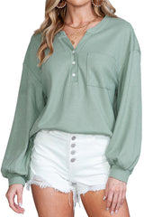 Green Waffle Knit Solid Color Long Sleeve Henley Top