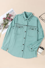 Green Frayed Trim Vintage Rivet Denim Jacket