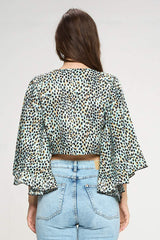 Animal Print Tie-Front Crop Top with Flared Sleeves