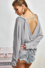 Grey Waffle Knit Cinched Backless Drop Shoulder Long Sleeve Top