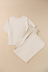 White Raw Hem Loose Tee and Wide Leg Pants Set