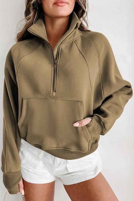 Parchment Zip Up Stand Collar Ribbed Thumbhole Sleeve Sweatshirt