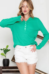 Green Solid Color Waffle Knit Long Sleeve Henley Shirt