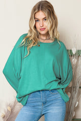 Red Solid Color Exposed Seam Long Sleeve Top