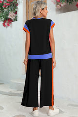 Sky Blue Colorblock Cap Sleeve Tee & Wide Leg Pants Set