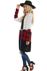 Fiery Red Plaid Colorblock Striped Cardigan