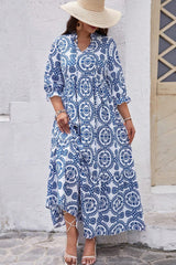 Sky Blue Ethnic Geometric Print Notch Neck Plus Size Maxi Dress