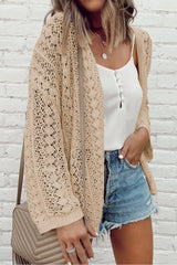 Black Hollow Out Crochet Knit Drop Shoulder Open Front Cardigan