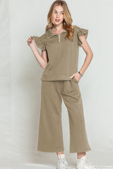 Khaki Textured Ruffle Cap Sleeve Top and Wide Leg Pants Set