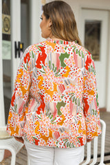 Orange Floral Abstract Print V Neck  Plus Size Blouse