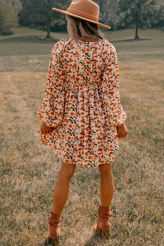 Beige Floral Smocked V Neck Bubble Sleeve Babydoll Dress