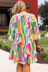 Multicolour Plus Size Vibrant Abstract Print Tiered Ruffle Mini Dress