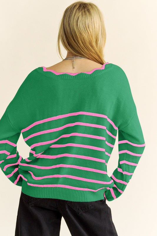 Green Stripe Non-detachable Bow Drop Sleeve Cardigan