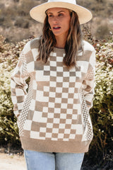 Khaki Checkered Drop Shoulder Round Neck Sweater