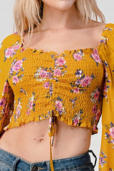 Crop Top Smock Ruched Top In Ditsy Jacquard