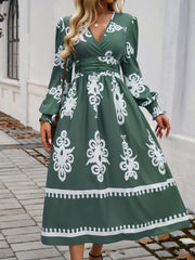 Printed Surplice Lantern Sleeve Midi Dress