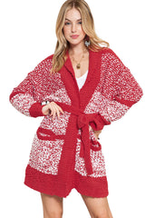 Red Contrast Trim Open Front Belted Long Cardigan