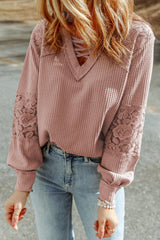 Pink Waffle Knit Lace Patchwork Criss Cross Straps V Neck Top