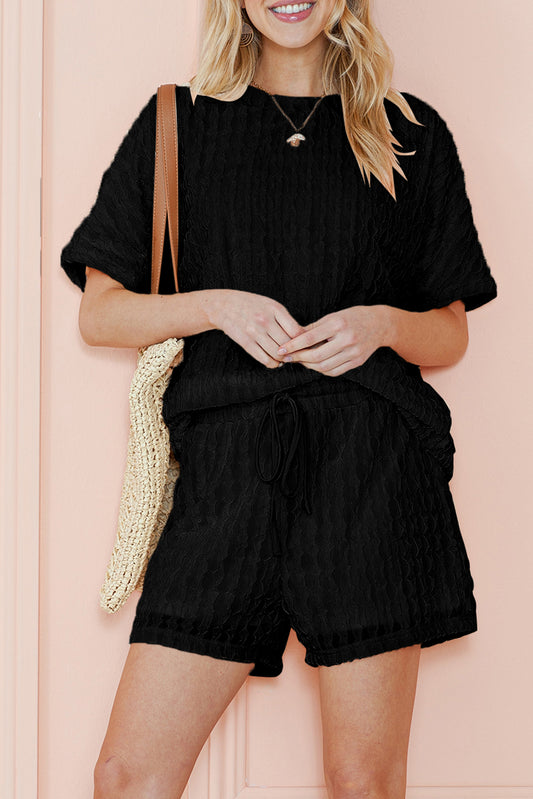 Black Frill Textured Tee and Drawstring Shorts Set