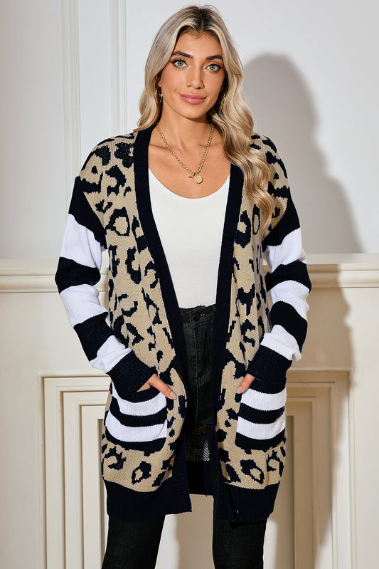 Black Stripe Sleeve Leopard Print Cardigan