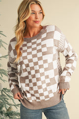 Khaki Checkered Drop Shoulder Round Neck Sweater