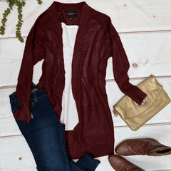 Waffle Knit Pocketed Long Sleeve Low-gauge Open Cardigan Sweater