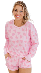 Black Heart Shape Print Long Sleeve Top and Shorts Loungewear Set