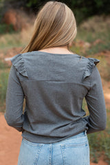 Dark Grey Solid Color Ruffle Long Sleeve Top