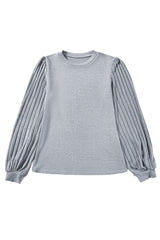 Gray Solid Color Contrast Ribbed Bishop Sleeve Top