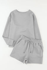 Green Textured Long Sleeve Top & Drawstring Shorts Set