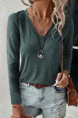 Misty Green Solid V-Neck Long Sleeve Top