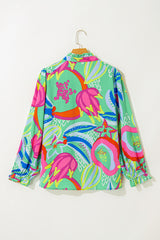 Green Plus Size Abstract Frill V Neck Puff Sleeve Blouse