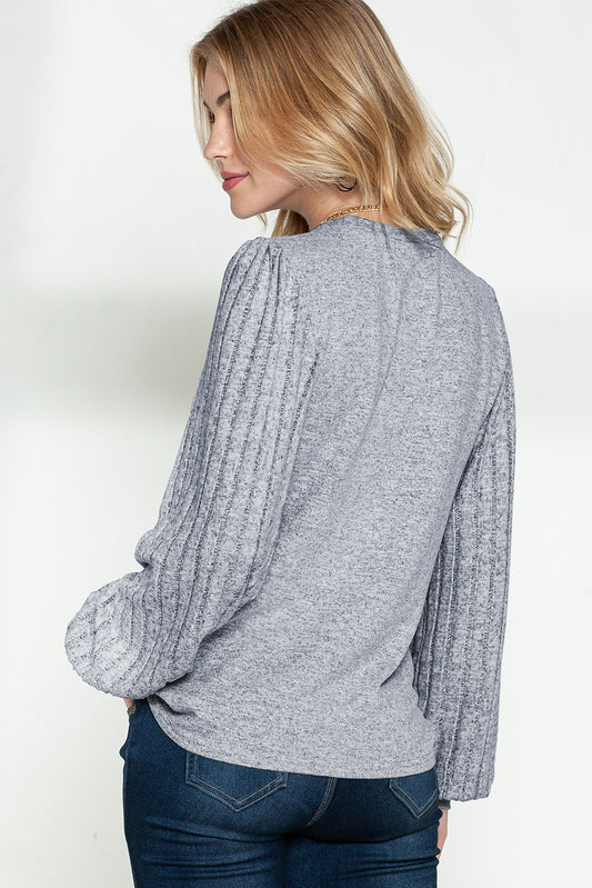 Gray Solid Color Contrast Ribbed Bishop Sleeve Top