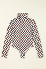 Black Checkered Print Long Sleeve Mock Neck Bodysuit