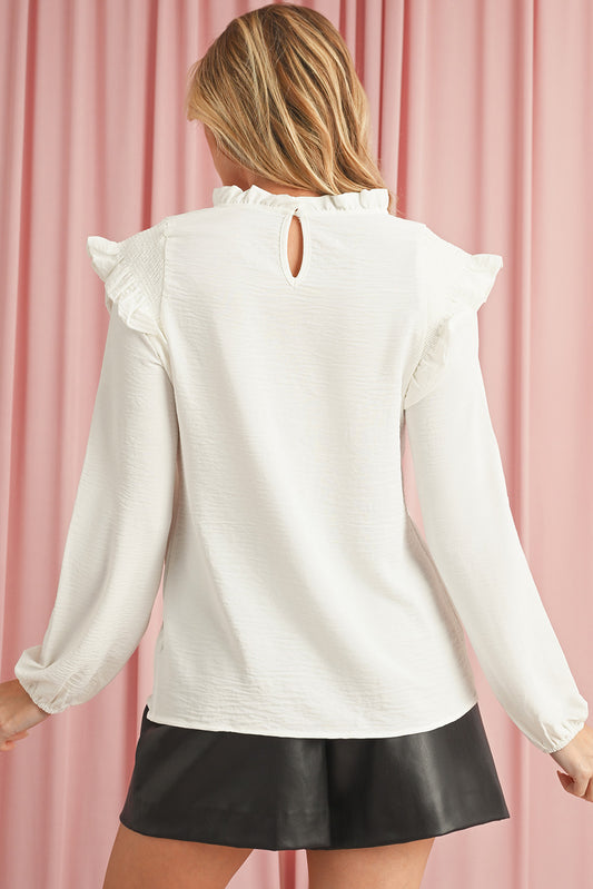 White Frilled Neck Ruffled Trim Bubble Sleeve Blouse