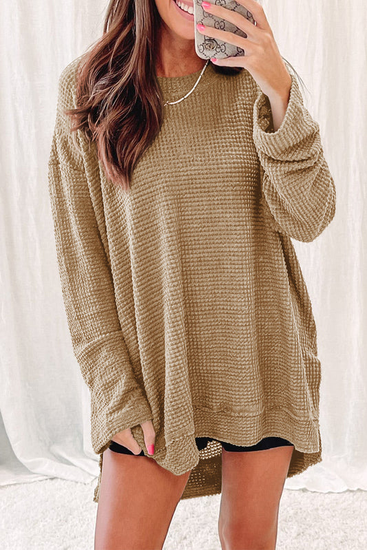 Khaki Plain Waffle Knit Drop Sleeve Side Slits Oversized Top