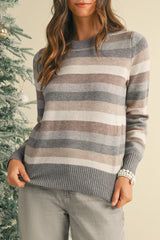 Gray Striped Ribbed Edge Round Neck Sweater