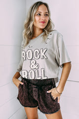 Gray Rock & Roll Graphic Ripped Oversized Tee