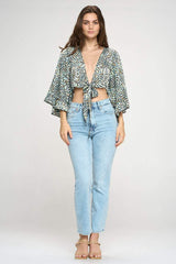 Animal Print Tie-Front Crop Top with Flared Sleeves