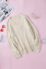 White V Neck Drop Shoulder Knitted Sweater