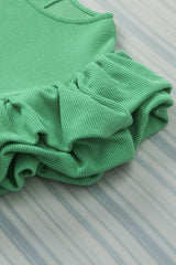 Green Solid Color Ruffle Sleeve Ribbed Blouse